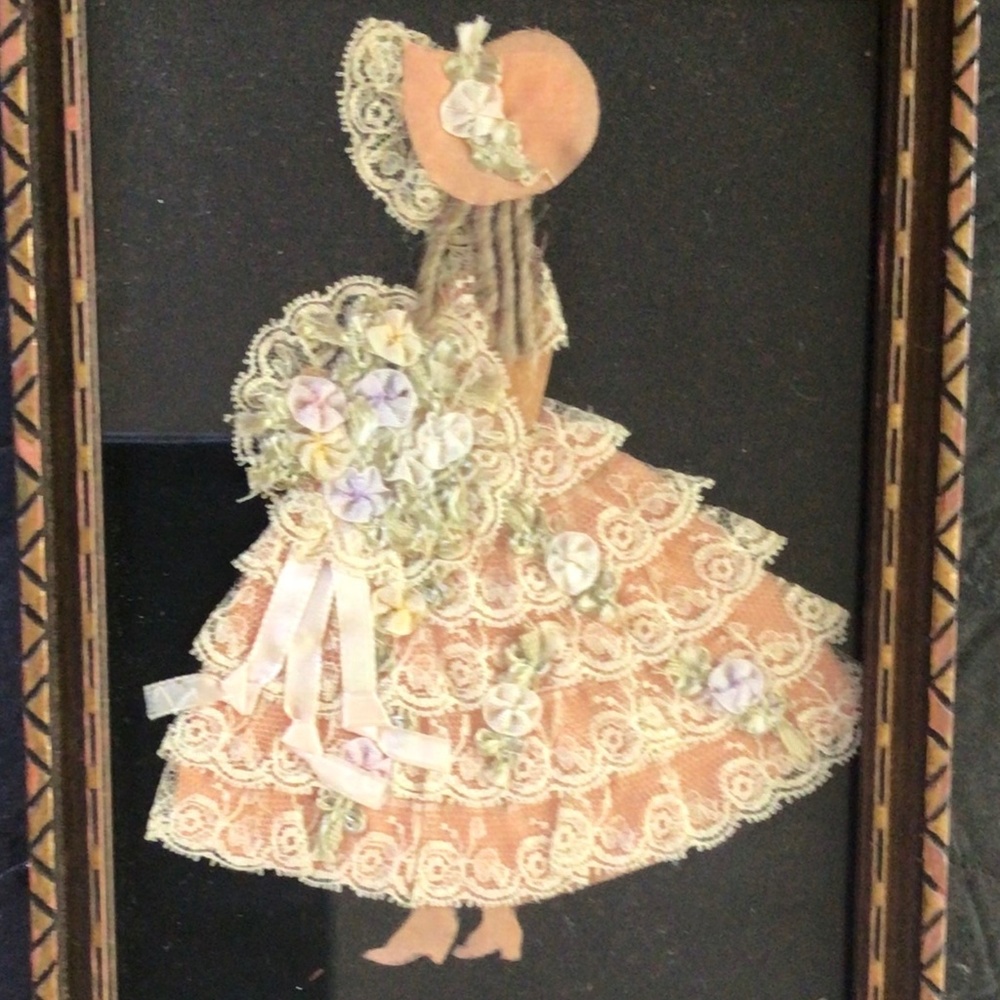 Vintage, Small Peach, Lace Tiered Dress & Cap with Ribbon Rosette Bouquet
